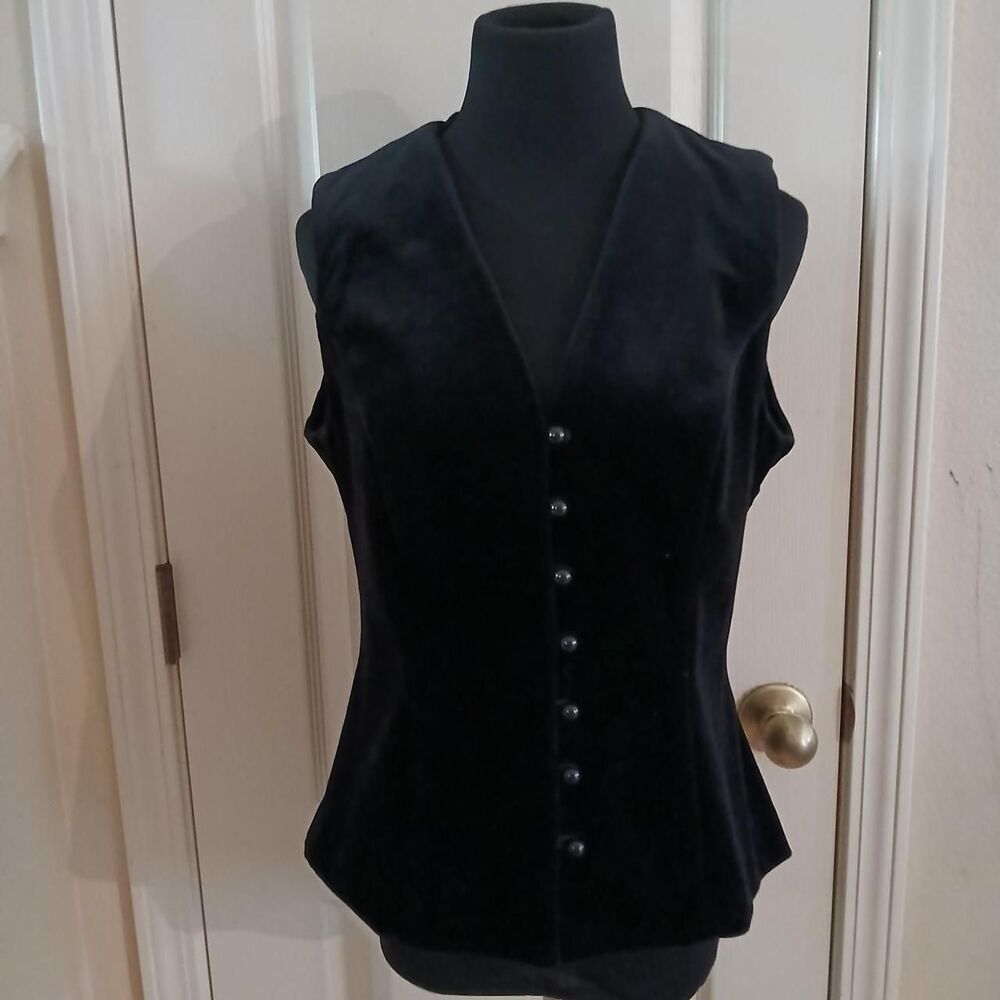 Vintage 70s Butte Knit Black Velvet Button Up Vest Waistcoat Top UK14 Whimsygoth